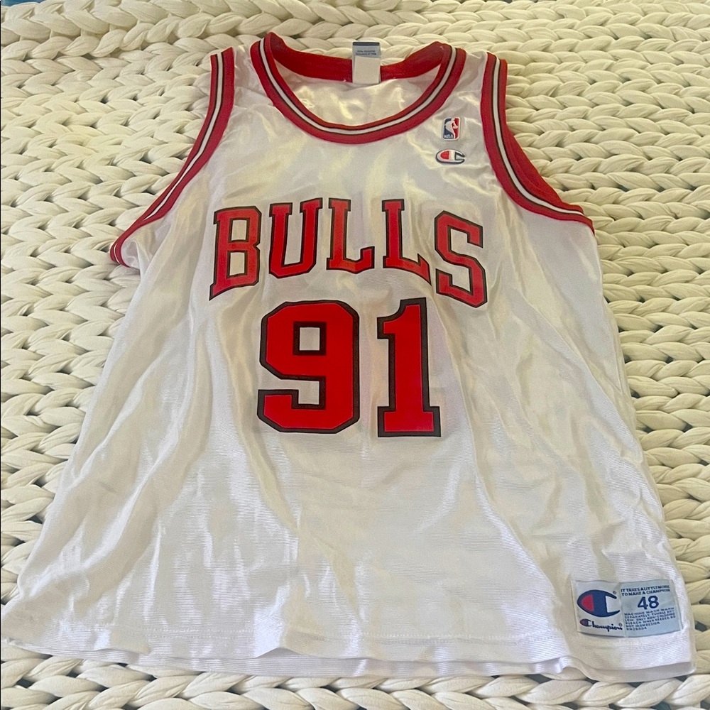 Champion Bulls Rodman 91 White and Red Jersey